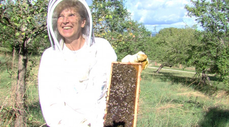Birgit Wester mit Honigwabe (Quelle: BWeins)